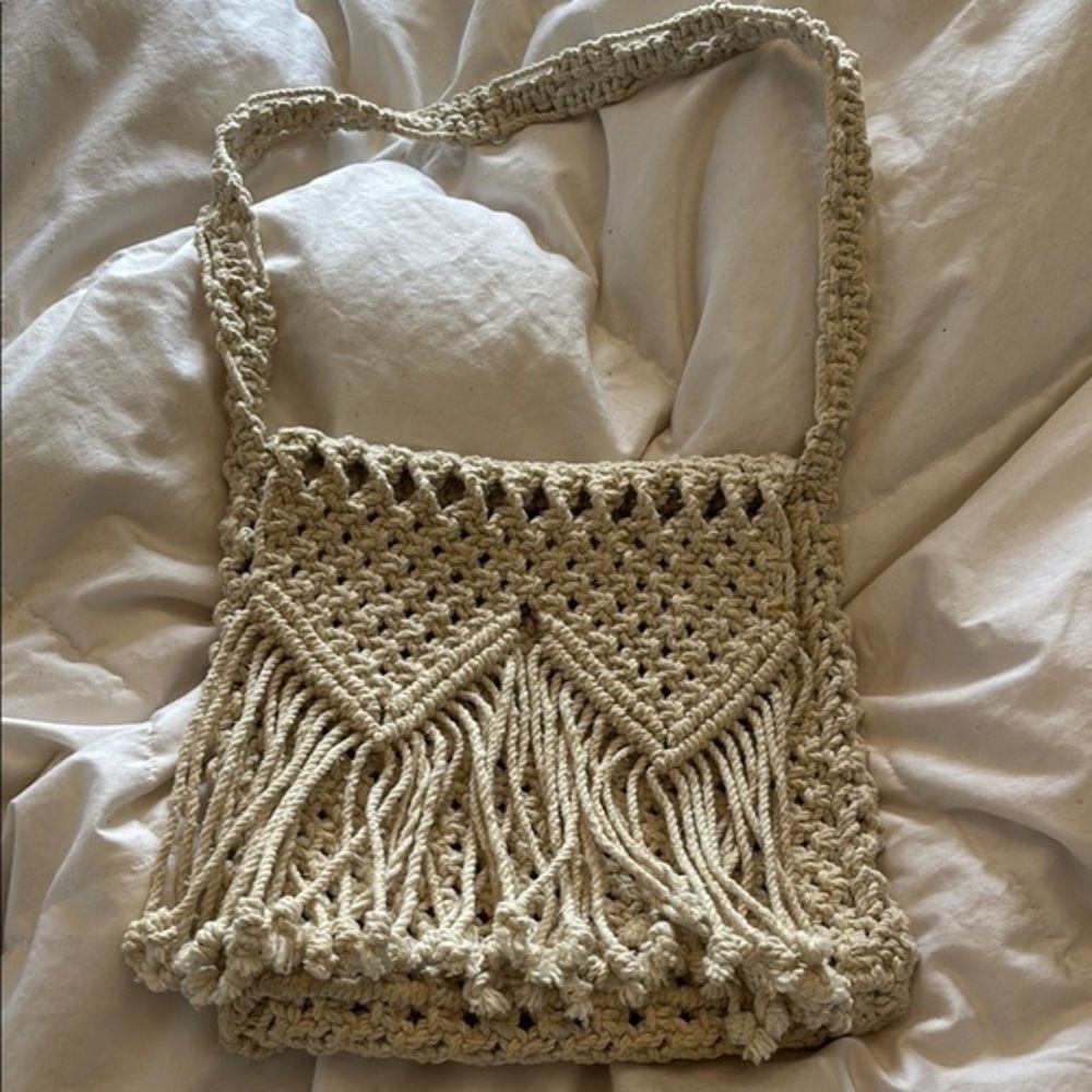 Boho fringe  Beige Crochet Shoulder Bag ine pocket flat loose closer purse